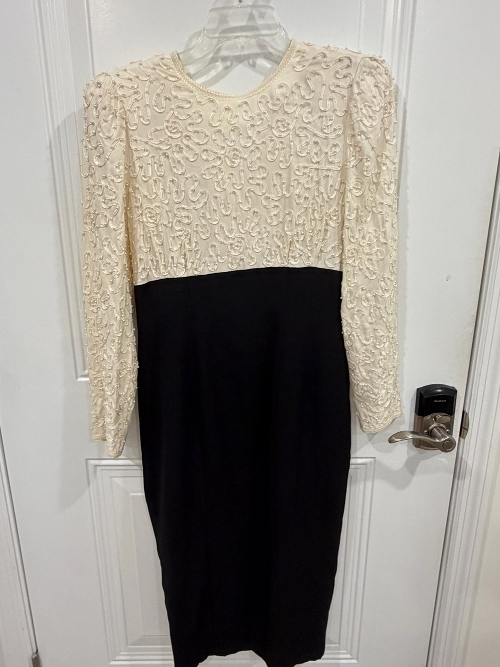 Sarah Elizabeth Cream Beaded Bodice Black Long Sleeve Dress
